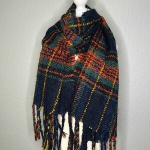 Plaid Blanket Scarf Multicolored with Fringe